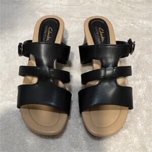 Clarks Collection Women's Black Leather Strappy Buckle Block Sandals US 6.5